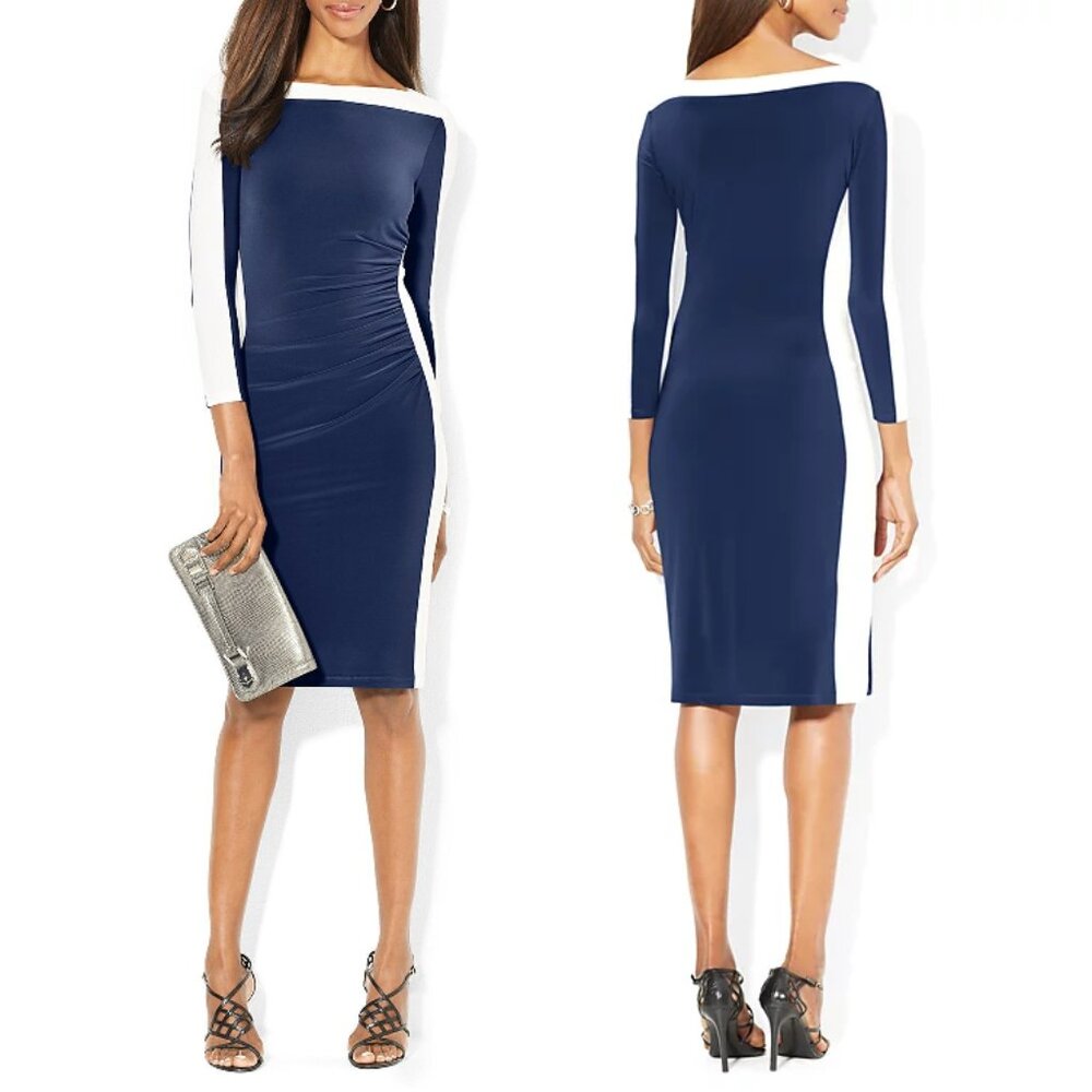LAUREN Ralph Lauren Boat Neck 3/4-Sleeve Ruched Jersey Sheath Cocktail Dress